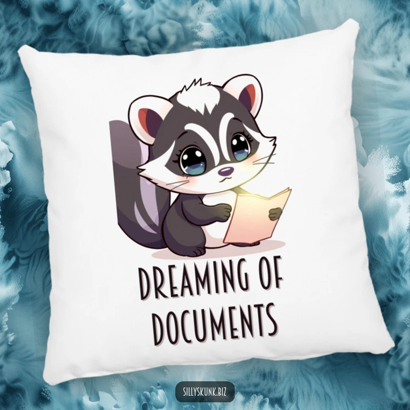 Funny pillow featuring a curious skunk with wide eyes, examining a glowing document, offering comfort and intrigue.