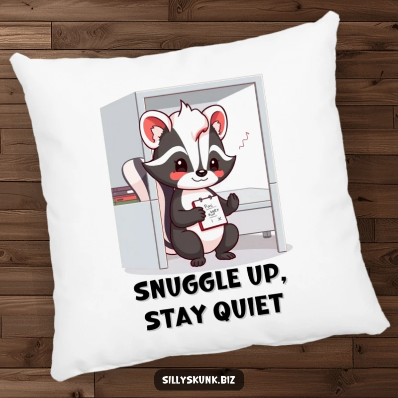 Funny skunk pillow showing a shy character doodling on a notepad in a small office cubicle.