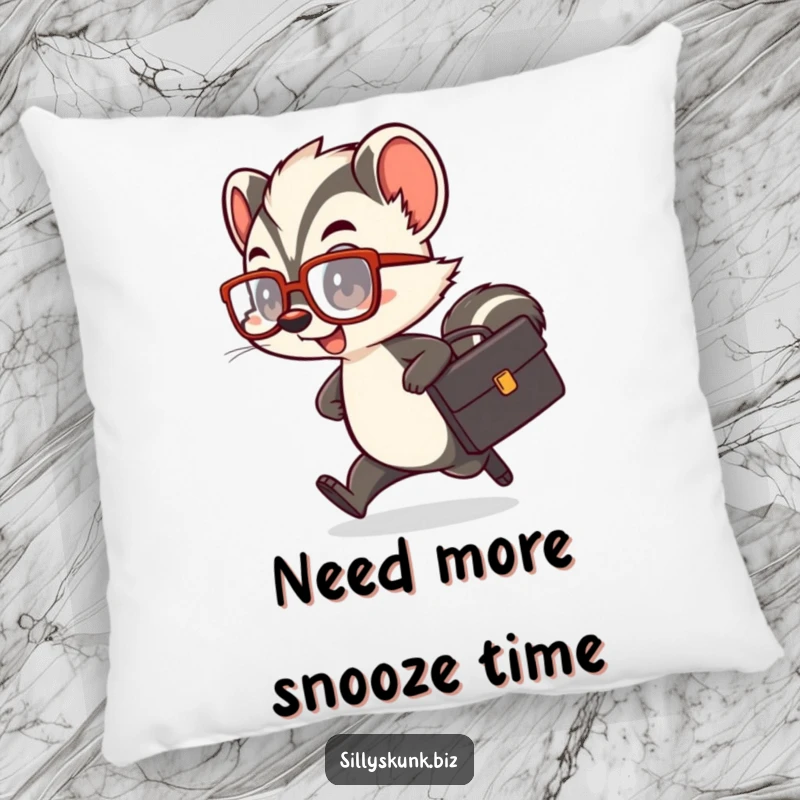 Funny skunk pillow showing a cute character with a tiny briefcase and oversized glasses, rushing comically.