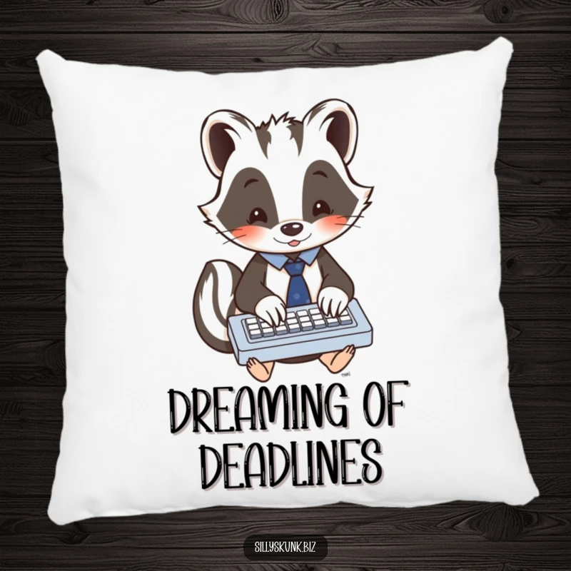 Funny skunk in a tiny tie, enthusiastically typing on a miniature keyboard, soft and humorous accent pillow.