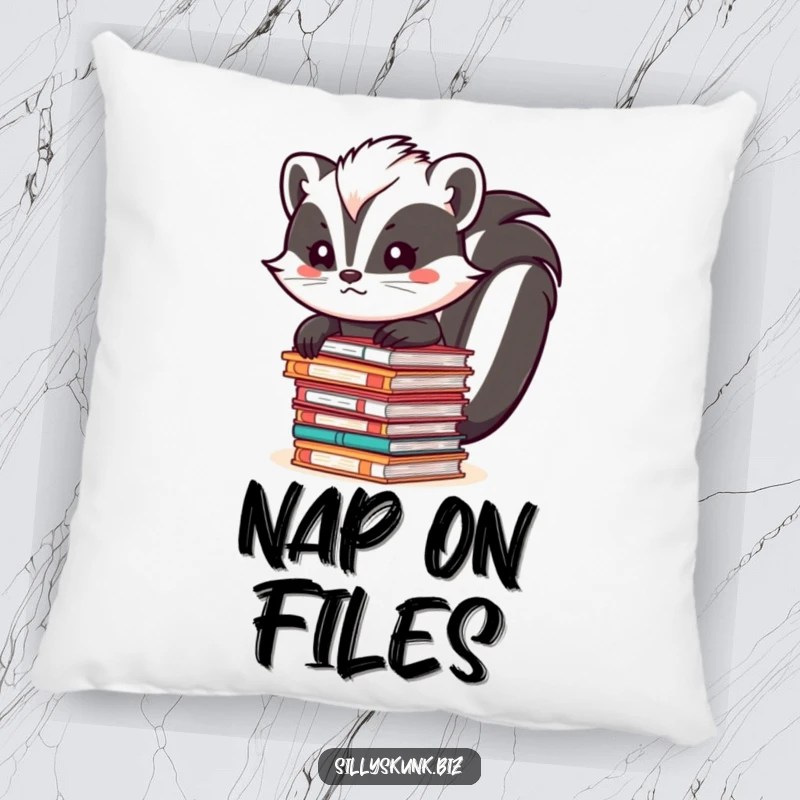 Funny skunk figurine struggling to balance a tall stack of files while sitting on a decorative pillow.