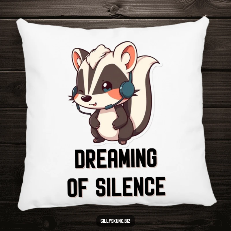 Funny skunk wearing a small headset, looking animated while on a call, a soft and funny accent pillow.