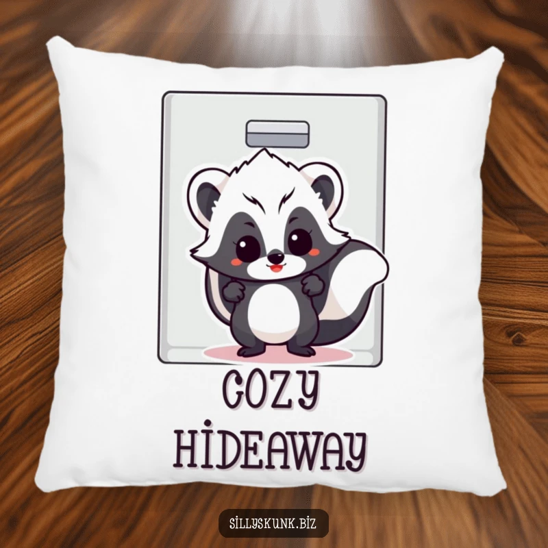 Funny skunk peeking out of a filing cabinet with a cheeky grin, on a decorative pillow.