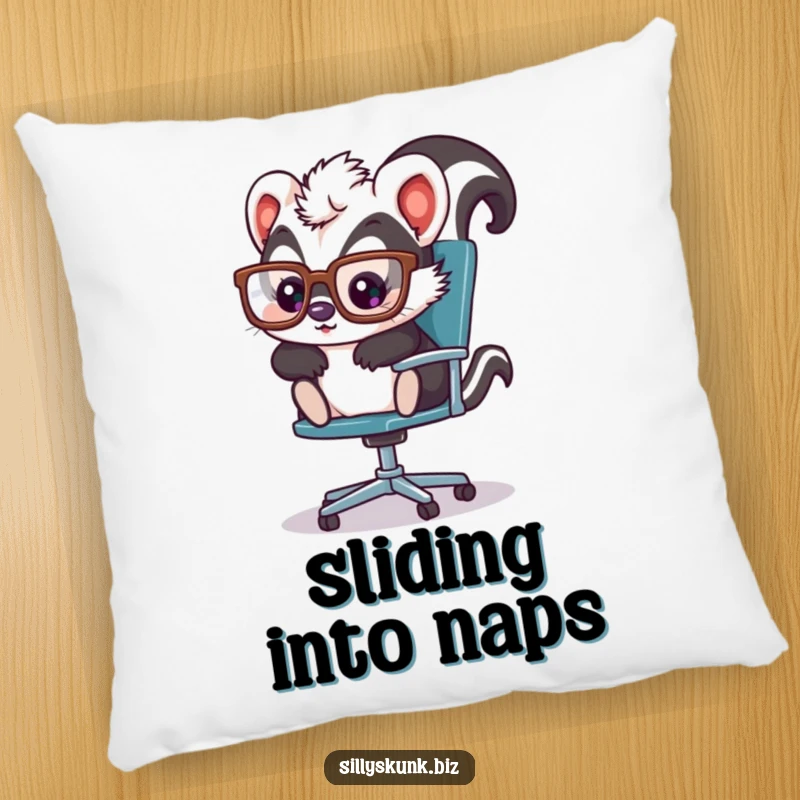 Cute skunk with oversized glasses, playfully sliding across an office chair, a soft and funny accent pillow.
