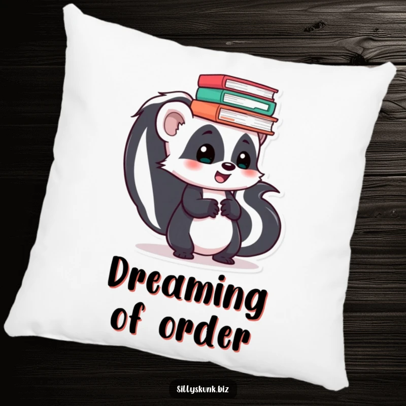 Funny skunk skater plush pillow, balancing a stack of papers, perfect for adding humor to any couch or bed.