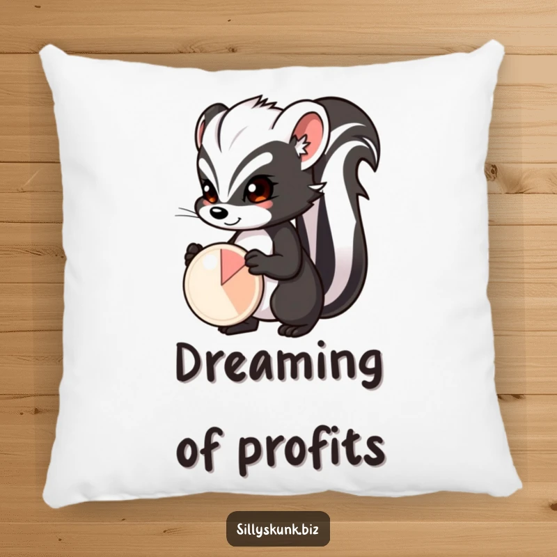 Funny skunk with a determined expression, proudly presenting a small pie chart, a soft and funny accent pillow.