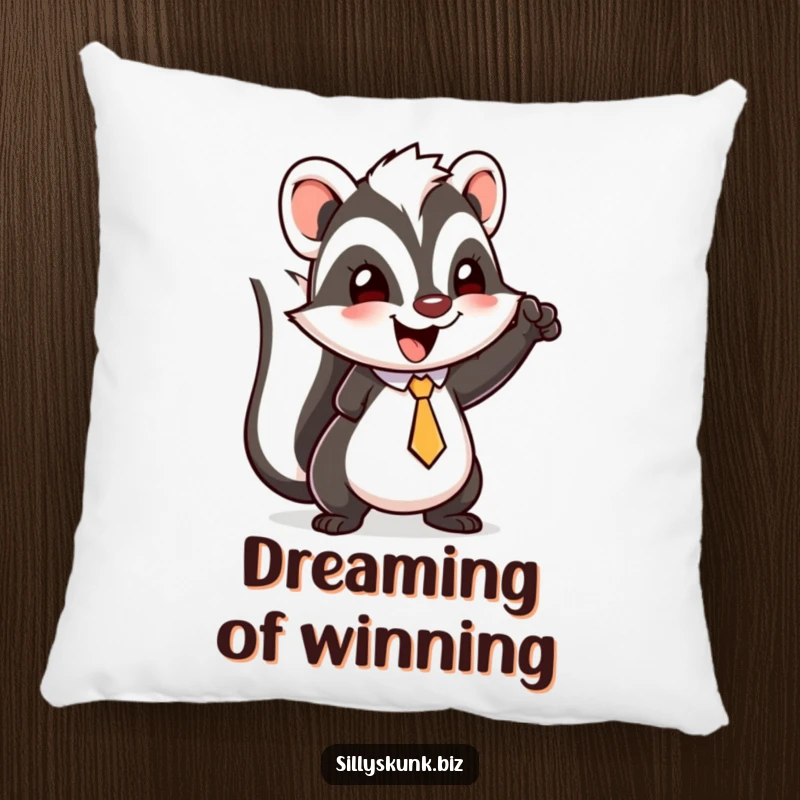 Funny skunk pillow showing a happy character with a tiny tie, doing a little triumphant fist pump.