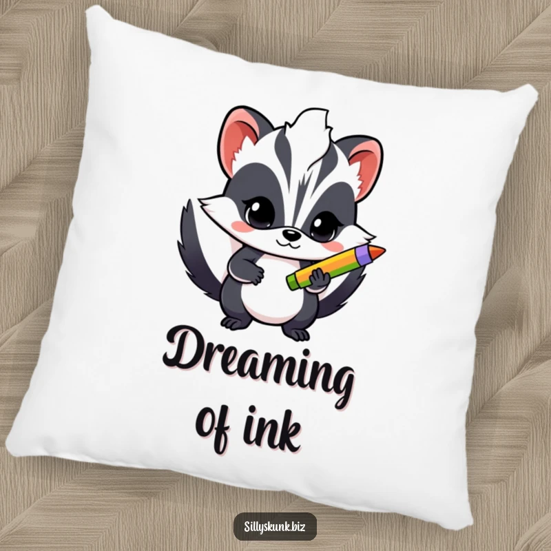 Funny pillow featuring a determined skunk holding a colorful pen, adding comfort and artistic inspiration.