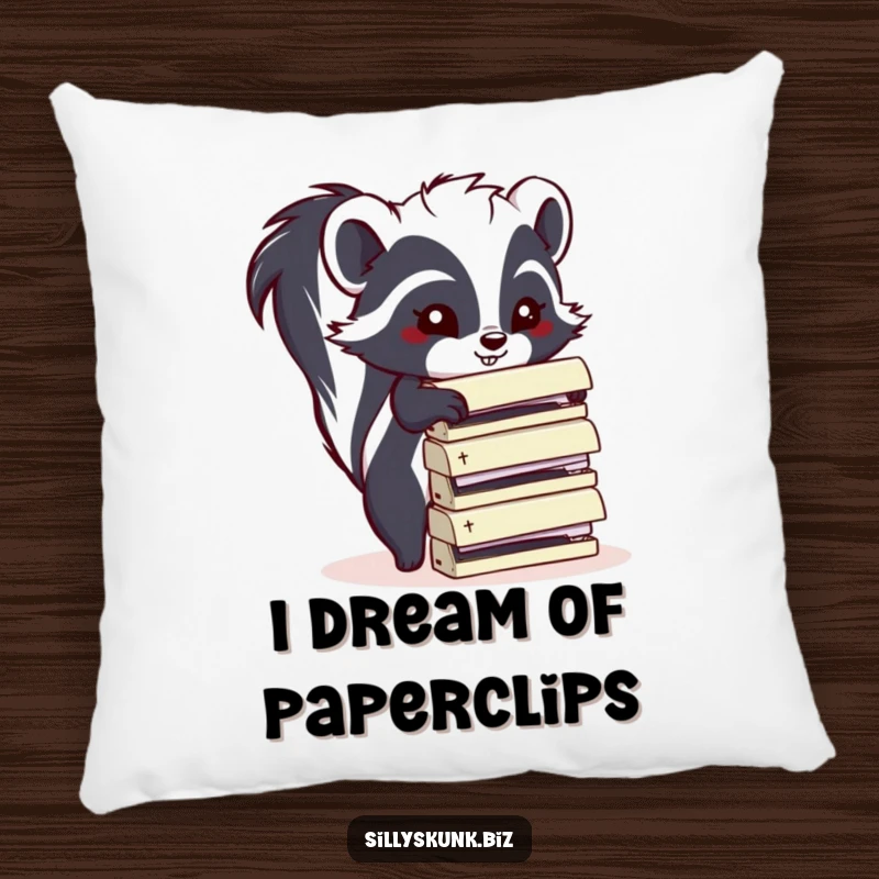 Funny skunk pillow design, showing a skunk stacking office staplers, a soft and funny gift.