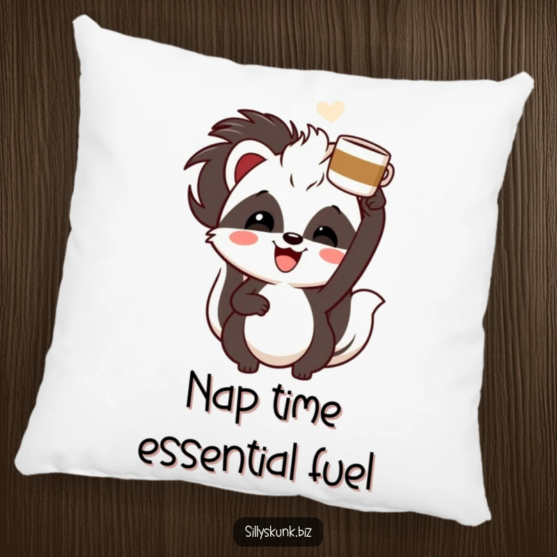 Funny skunk with a cheerful grin, enthusiastically holding a coffee cup overhead, a soft and funny coffee pillow.