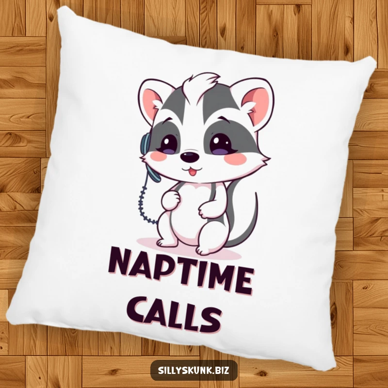 Funny skunk wearing a headset, holding a phone receiver loosely, on a decorative pillow.