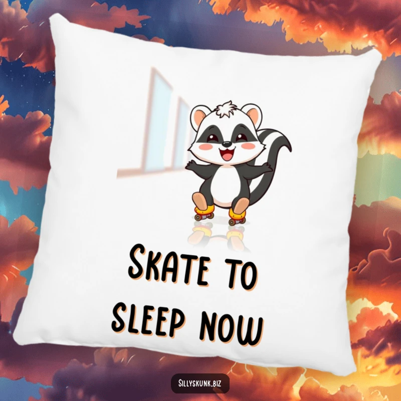 Funny pillow featuring a skunk joyfully roller skating on an office floor, offering comfort and a playful vibe.