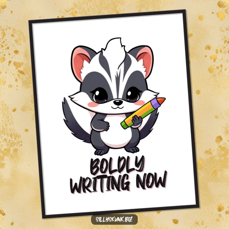 Funny digital art print of a skunk with a determined expression, holding a brightly colored pen, ready to inspire.