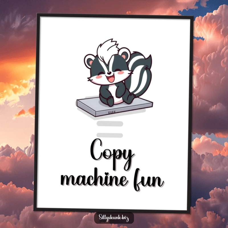 Funny skunk gleefully sliding down a photocopier tray, depicted as digital art for printing.