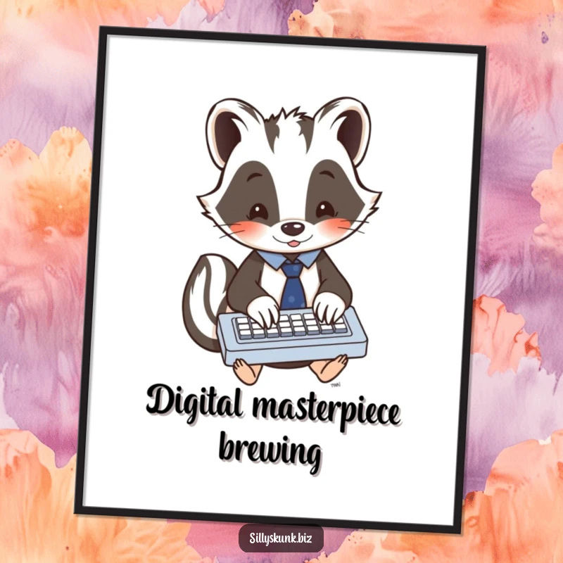 Funny skunk in a tiny tie, enthusiastically typing on a miniature keyboard, a printable digital art piece.