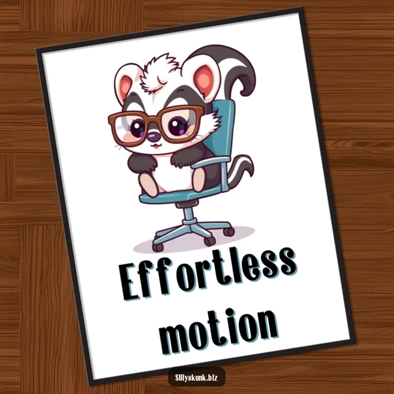 Cute skunk with oversized glasses, playfully sliding across an office chair, printable funny office art.