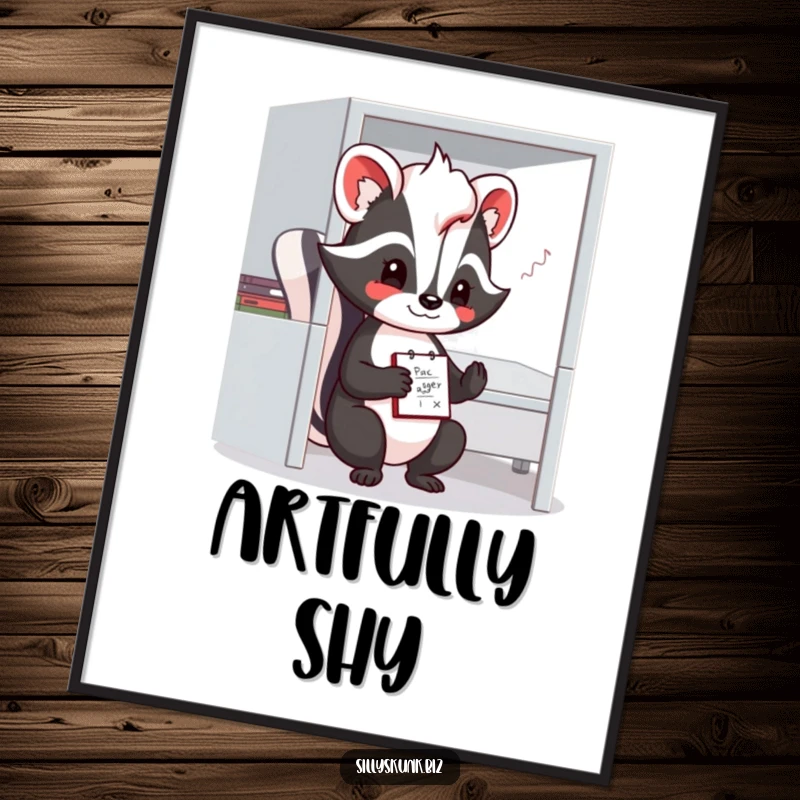Funny skunk digital art print of a shy character with a notepad, doodling contentedly in a small office cubicle.