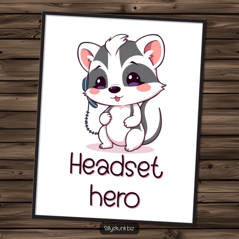 Funny skunk wearing a tiny headset, holding a phone, depicted as digital art for printing.