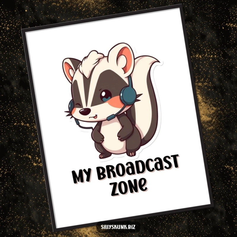 Funny skunk wearing a small headset, looking animated while on a call, printable funny headset art.