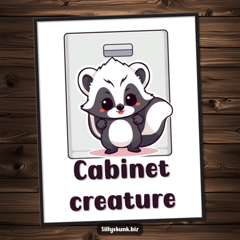 Funny skunk with a cheeky grin peeking from an open filing cabinet drawer, depicted as digital art for printing.