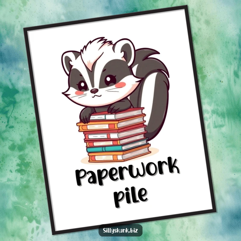 Funny skunk in a suit precariously balancing a huge stack of files, depicted as digital art for printing.