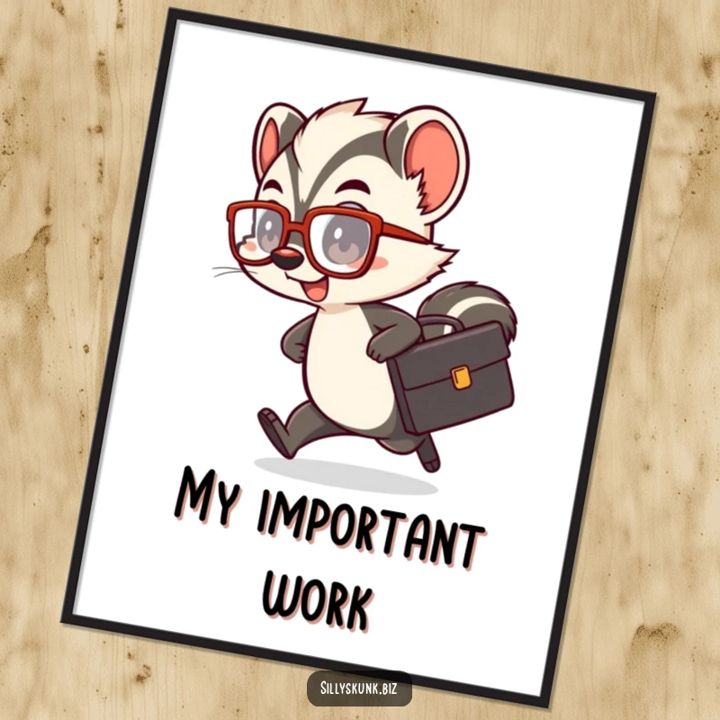 Funny skunk digital art print of a cute character with a tiny briefcase and oversized glasses, rushing comically.