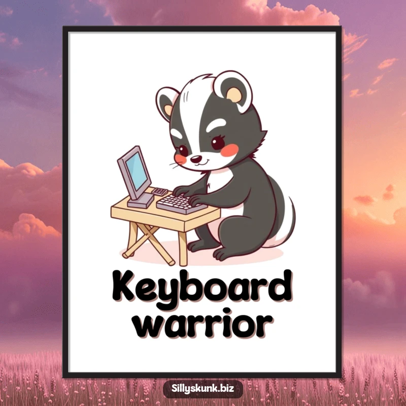 Funny digital art print of a cute skunk enthusiastically typing on a miniature keyboard, instantly adding office charm.