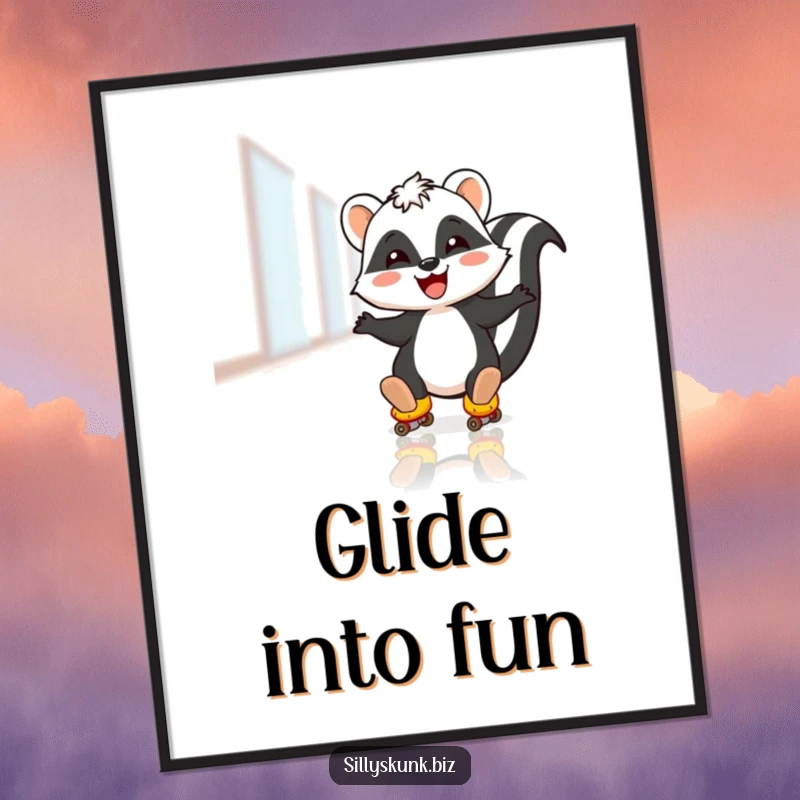 Funny digital art print of a skunk joyfully sliding on roller skates across a polished office floor, full of energy.