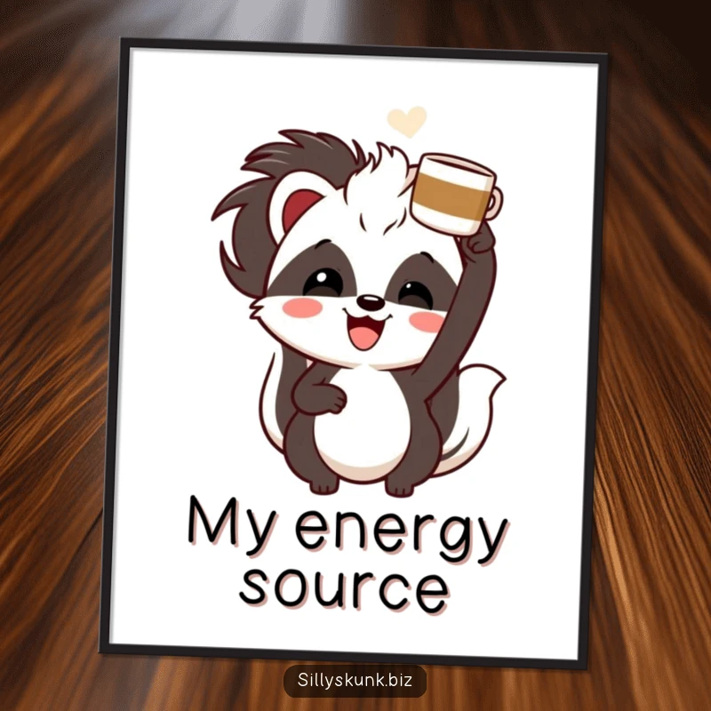 Funny skunk with a cheerful grin, enthusiastically holding a coffee cup overhead, printable funny coffee art.