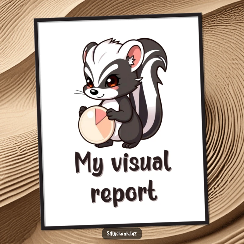 Funny skunk with a determined expression, proudly presenting a small pie chart, printable funny data art.