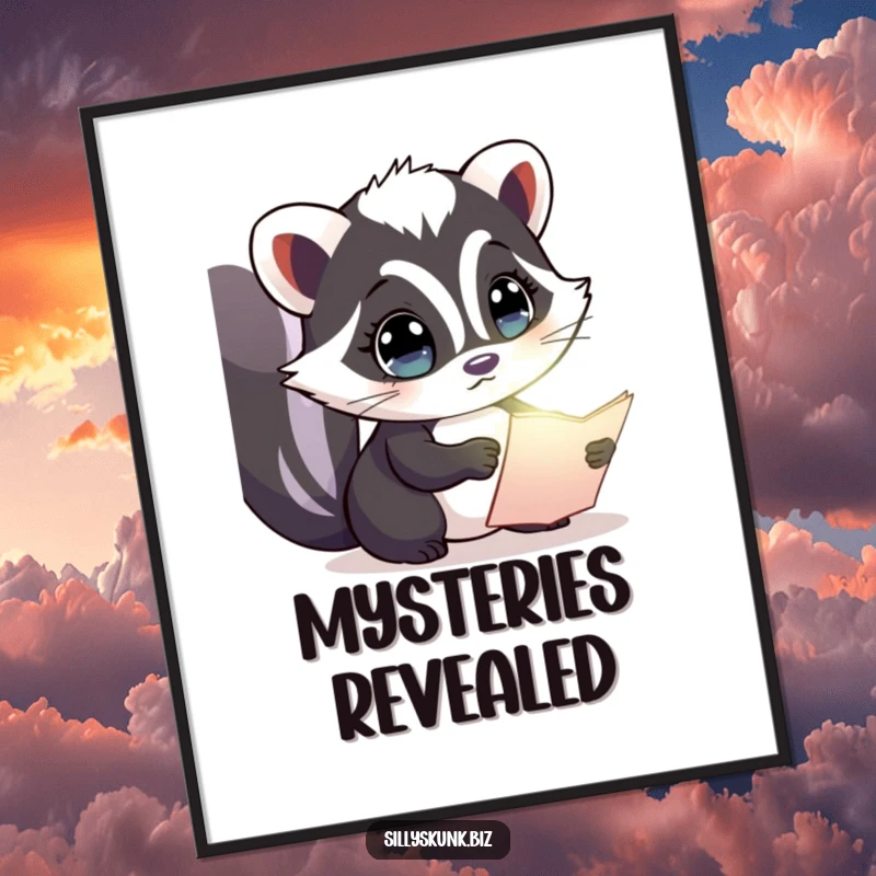 Funny digital art print of a skunk with wide, curious eyes, examining a tiny, glowing document, inviting exploration.