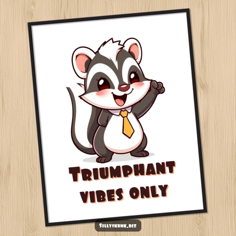 Funny skunk digital art print of a happy character with a tiny tie, doing a little triumphant fist pump.