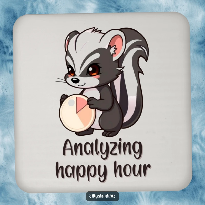 Funny skunk with a determined expression, proudly presenting a small pie chart, humorous coasters for any table.