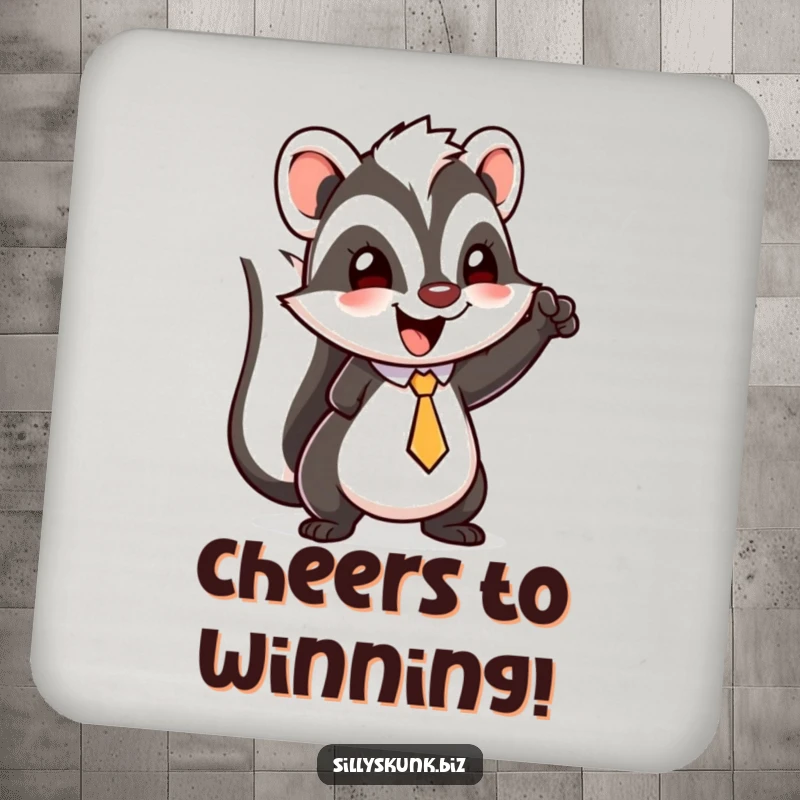 Funny skunk coaster depicting a happy character with a tiny tie, doing a little triumphant fist pump.