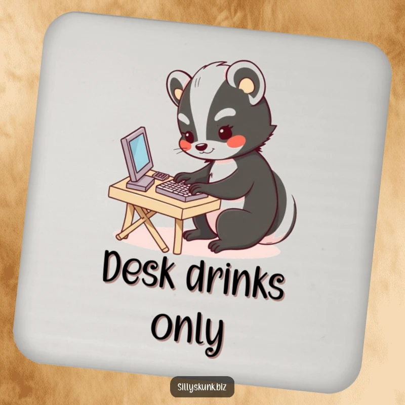 Funny drink coaster with a cute skunk typing on a mini keyboard, adding humor to your desk.