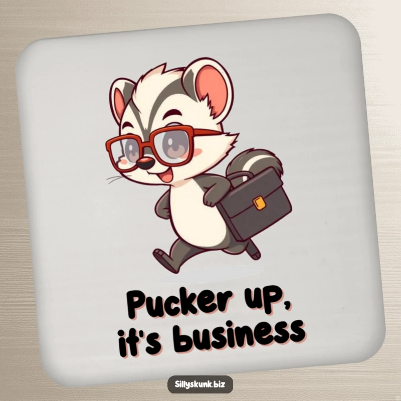 Funny skunk coaster depicting a cute character with a tiny briefcase and oversized glasses, rushing comically.