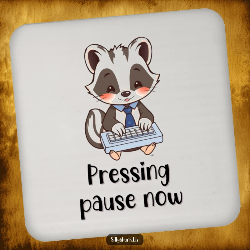 Funny skunk in a tiny tie, enthusiastically typing on a miniature keyboard, a set of humorous drink coasters.