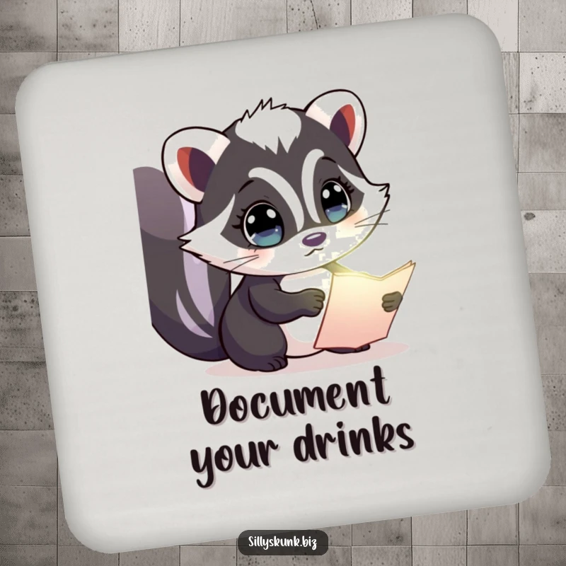Funny drink coaster with a curious skunk examining a glowing document, adding intrigue to any surface.