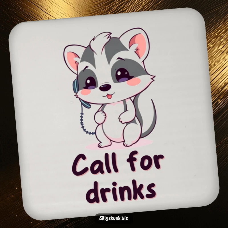 Funny skunk wearing a headset, holding a phone, on a humorous drink coaster.