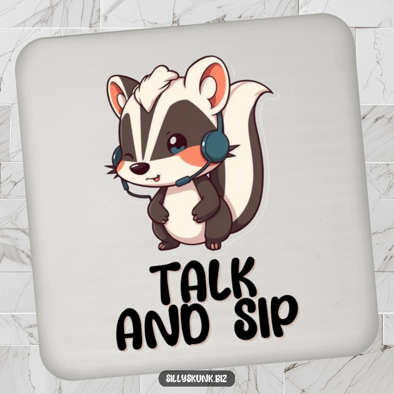 Funny skunk wearing a small headset, looking animated while on a call, humorous coasters for any table.