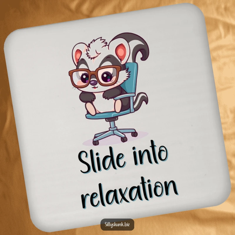 Cute skunk with oversized glasses, playfully sliding across an office chair, humorous coasters for any table.