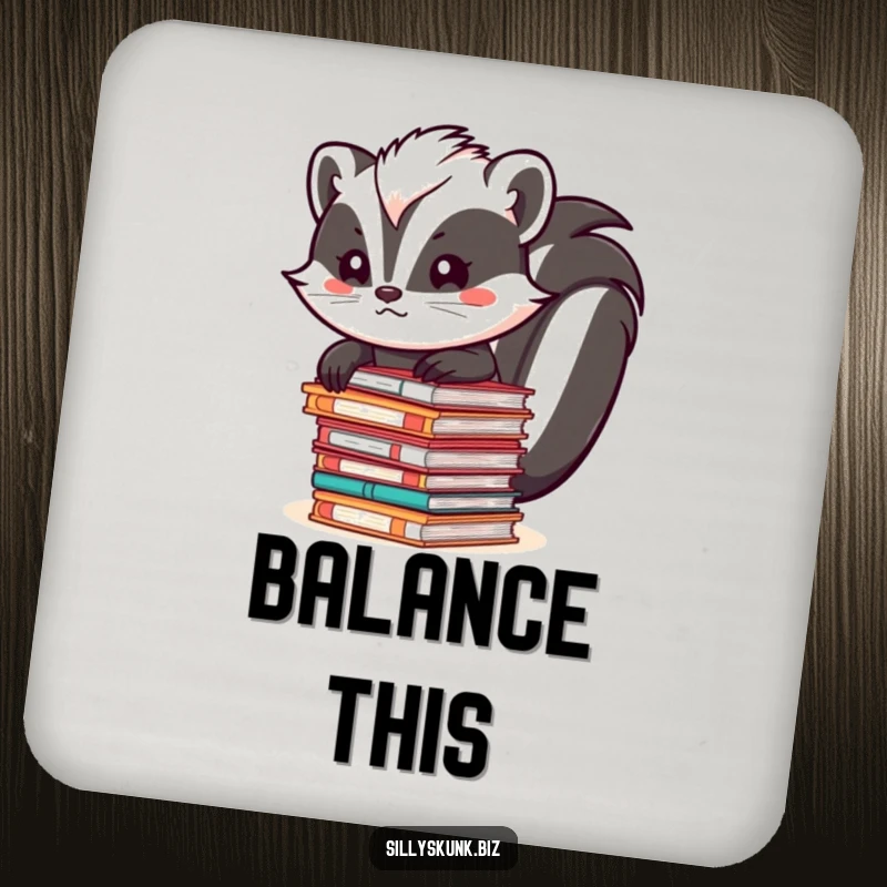 Funny skunk balancing a stack of files on a sturdy drink coaster, protecting surfaces from mugs.