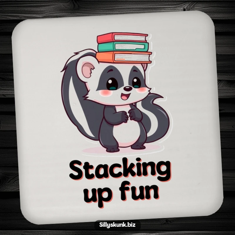 Funny skunk skater coaster, depicting the skunk balancing office files, protecting furniture from drinks.