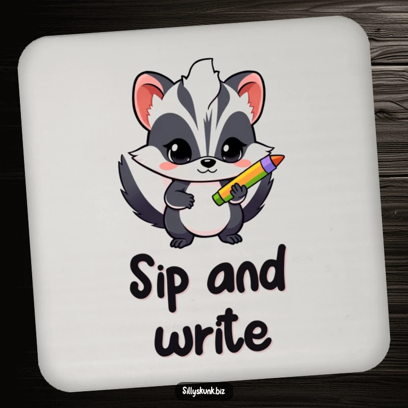 Funny drink coaster with a determined skunk holding a brightly colored pen, adding a creative touch to any surface.