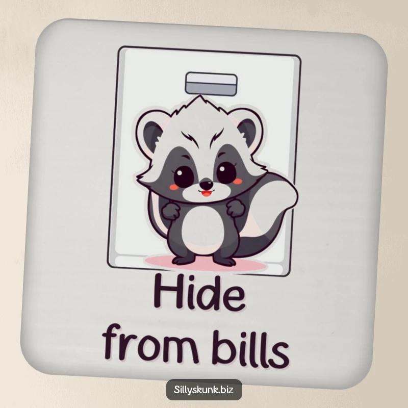 Funny skunk with a cheeky grin hiding in a filing cabinet on a humorous drink coaster.