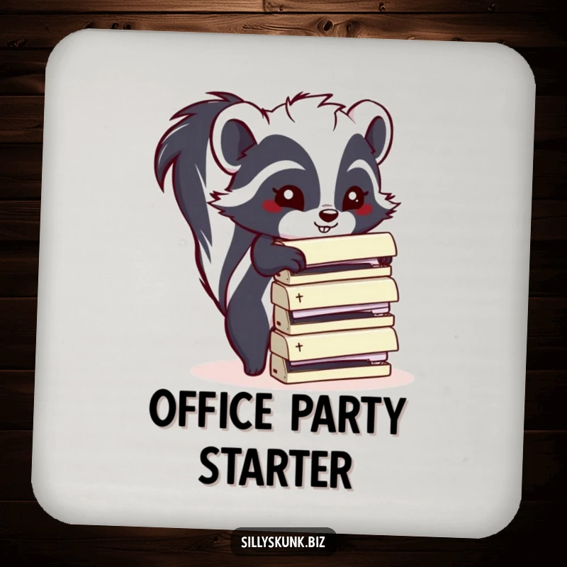 Funny skunk stacking office staplers on a drink coaster, protecting surfaces with humor, a funny gift.