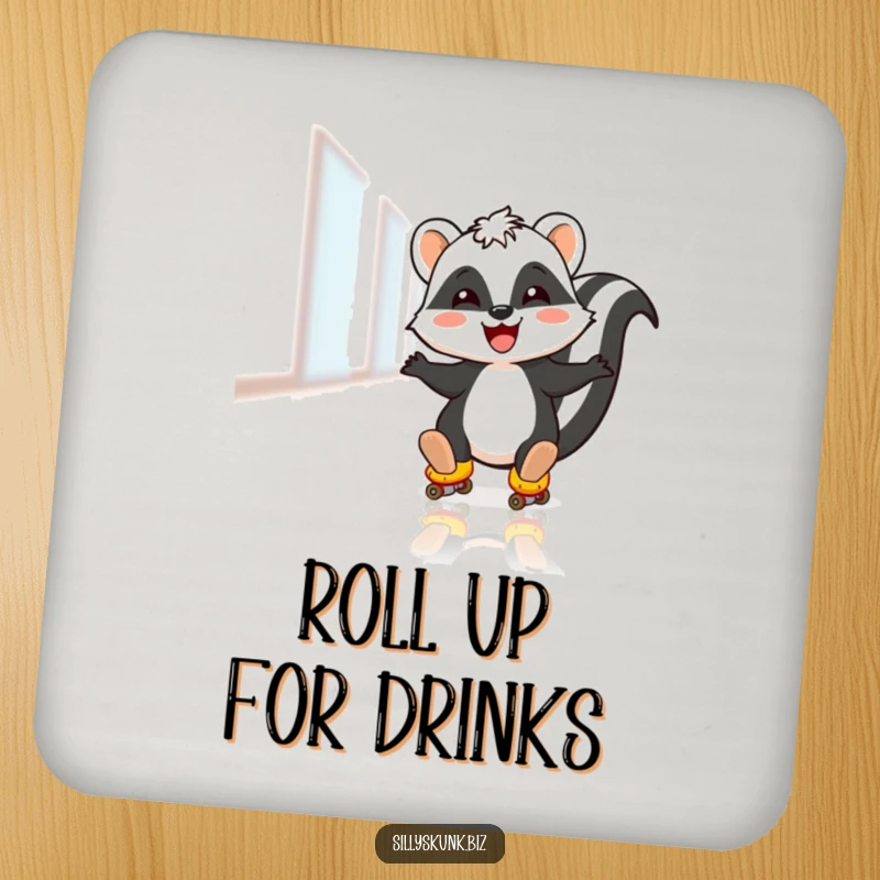 Funny drink coaster with a skunk joyfully roller skating on an office floor, adding a humorous touch to any surface.