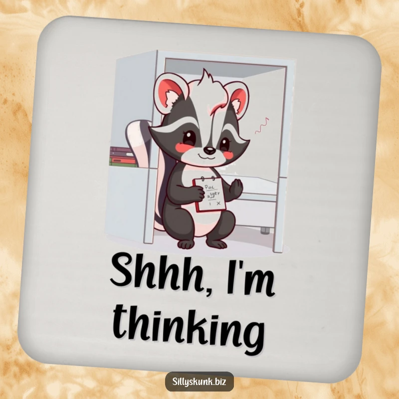 Funny skunk coaster depicting a shy character with a notepad, doodling contentedly in a small office cubicle.