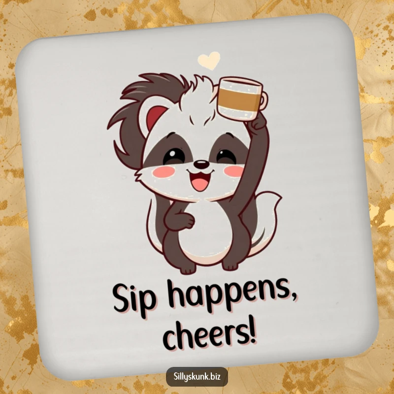 Funny skunk with a cheerful grin, enthusiastically holding a coffee cup overhead, humorous coasters for coffee time.