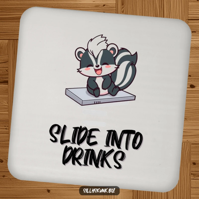 Funny skunk sliding down a photocopier tray on a humorous drink coaster.